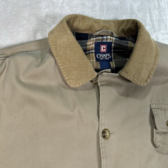 VTG Chaps Chore Coat Beige Flannel Lined Canvas Barn Jacket Men's Size XL - Picture 2 of 7